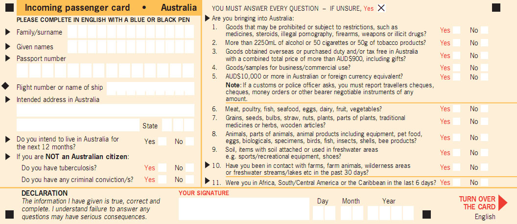 澳大利亚入境卡范本填写表范例（英文版）