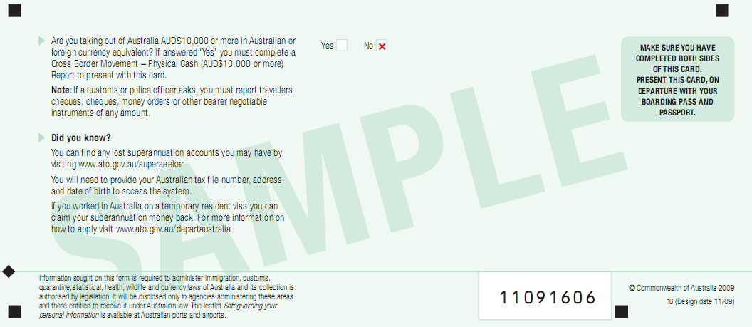 澳大利亚出境卡范本登记表范例(英文版-反面)